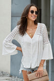 Women's Bell Sleeves V Neck Solid Shirt Bottom Down Crochet Blouse