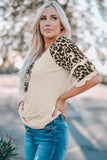 Womenn's Crew Neck Graphic Blouse Ruffled Leopard Sleeve Patchwork Top