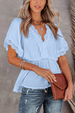 Women's Plain V Neck Short Sleeve Blouse Lace Splicing Elastic Waist Top