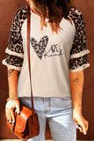 Womenn's Crew Neck Graphic Blouse Ruffled Leopard Sleeve Patchwork Top