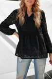 Women's Swiss Dot Split Neck Ruffle Babydoll Top Puff Sleeve Hollow Out Blouse