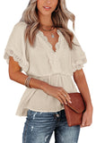 Women's Plain V Neck Short Sleeve Blouse Lace Splicing Elastic Waist Top