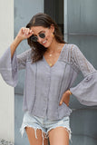 Women's Bell Sleeves V Neck Solid Shirt Bottom Down Crochet Blouse