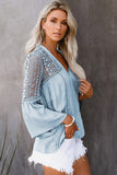 Women's Bell Sleeves V Neck Solid Shirt Bottom Down Crochet Blouse