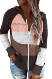 Zipped Front Colorblock Hollow-out Knit Hoodie