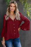 Women's Bell Sleeves V Neck Solid Shirt Bottom Down Crochet Blouse