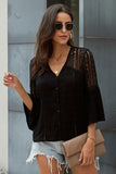 Women's Bell Sleeves V Neck Solid Shirt Bottom Down Crochet Blouse