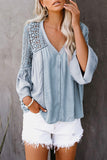 Women's Bell Sleeves V Neck Solid Shirt Bottom Down Crochet Blouse